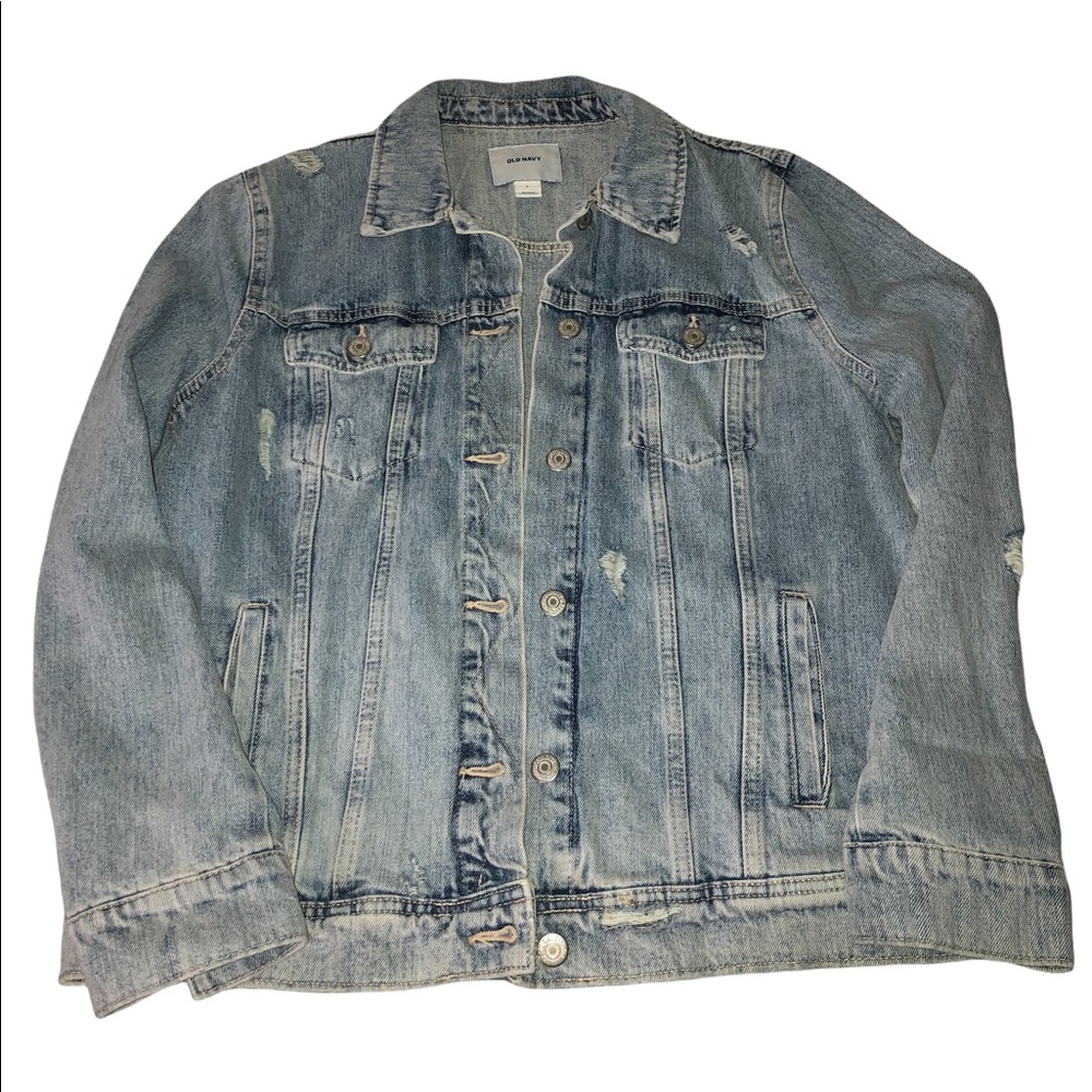 Old Navy Distressed Denim Jacket Light Wash Large